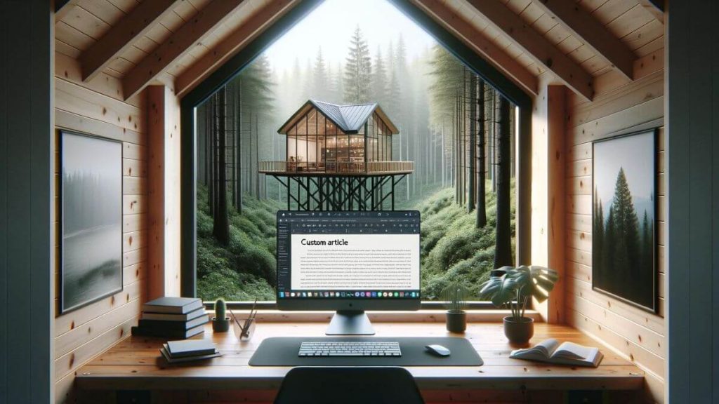 A serene and minimalist writer's cabin in the woods, where the tranquility of nature inspires creativity. Inside, a writer uses the WordGalaxy.ai Custom Article Workflow on a sleek desktop setup, surrounded by large windows that offer panoramic views of the forest. The natural light and peaceful environment create an ideal setting for focused writing sessions. The desktop screen showcases the WordGalaxy.ai interface, demonstrating how AI-assisted writing tools can enhance the creative process even in the most secluded settings, providing writers with the technological means to bring their ideas to life amidst the beauty of nature.