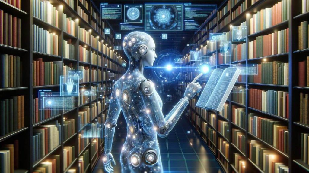 The image represents the app - WordGalaxy.ai Custom Article Workflow and showcases a digital library filled with virtual books and articles, where an AI entity is browsing through holographic shelves, selecting and compiling information for article writing. The AI entity, represented as a luminous, humanoid figure, is surrounded by glowing data streams and holograms of texts, illustrating its ability to rapidly access and synthesize vast amounts of information. The ambiance of the library is serene and futuristic, with soft, ambient lighting highlighting the advanced technology at play. This image encapsulates the concept of AI as a knowledgeable companion in the research and writing process, able to navigate and utilize a wealth of digital resources efficiently.