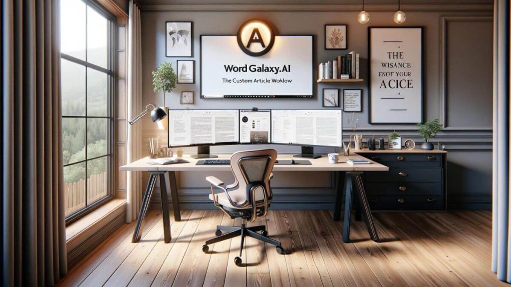 An elegant home office designed for productivity and creativity, with a dual monitor setup where one screen is dedicated to the WordGalaxy.ai Custom Article Workflow. The workspace is tastefully decorated with minimalist furniture, a comfortable ergonomic chair, and motivational artwork. The monitors display a clean and organized desktop, with the WordGalaxy.ai interface prominently featured, showcasing the ease of navigating through its article creation process. The room is illuminated by natural light from large windows, complemented by a stylish desk lamp, creating an ideal environment for writers who appreciate the blend of technology and aesthetics in their creative process, all centered around the WordGalaxy.ai Custom Article Workflow.
