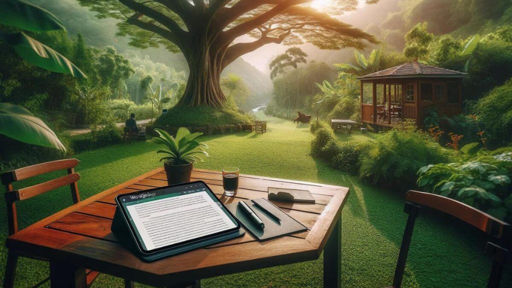 A tranquil outdoor writing retreat, with a portable device displaying the WordGalaxy.ai Custom Article Workflow, set against the backdrop of a lush garden. The writer is seated at a wooden table under the shade of a large tree, surrounded by nature, drawing inspiration from the serene environment. The device screen is visible, showing the simple and intuitive interface of WordGalaxy.ai, blending the art of writing with the tranquility of the outdoors. This setting highlights the flexibility of modern writing tools, allowing for creativity to flourish in any environment, supported by AI technology that adapts to the writer's lifestyle and preferences, specifically through the use of WordGalaxy.ai Custom Article Workflow.