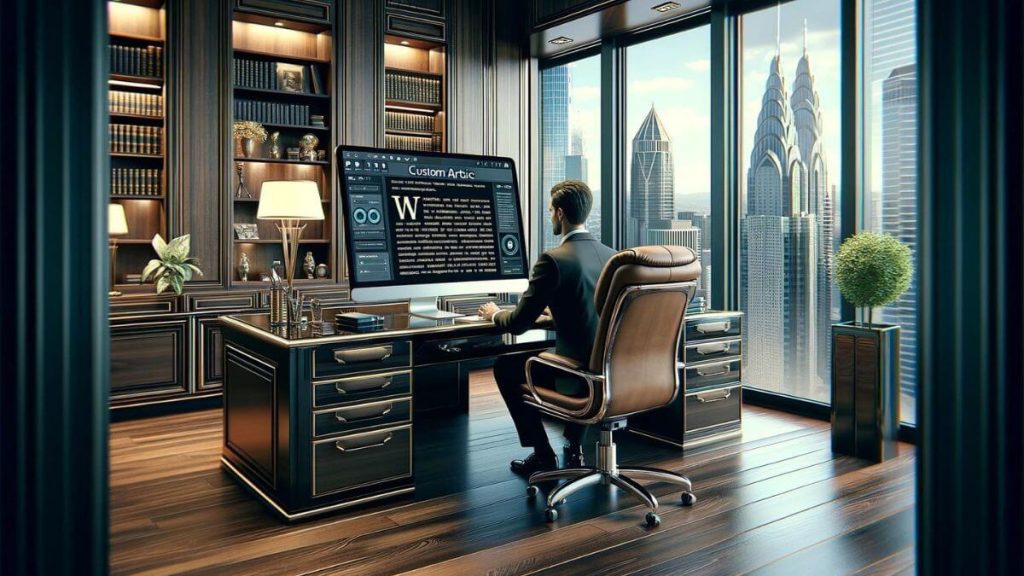 A sophisticated executive office with a panoramic city view, where a professional is refining an article using the WordGalaxy.ai Custom Article Workflow on a high-end computer. The office exudes luxury and efficiency, with a sleek desk, leather chair, and tasteful art pieces. The computer screen, displaying the WordGalaxy.ai interface, is the focal point, highlighting the seamless integration of AI in professional writing and business communication. The environment reflects the high standards and precision required in corporate content creation, where WordGalaxy.ai Custom Article Workflow plays a key role in maintaining quality and enhancing productivity.
