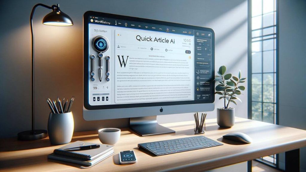 A modern office setup with a sleek, minimalist design, featuring a large, high-resolution monitor displaying the WordGalaxy.ai Quick Article Workflow interface. The screen shows a user-friendly dashboard where an article is being crafted, with options for keyword input, style selection, and length adjustment. The office is equipped with the latest technology, including a wireless keyboard, a smart pen, and a notepad filled with creative ideas, emphasizing the seamless integration of AI in the content creation process. The environment is bathed in soft, natural light, creating a calm and productive atmosphere for writing and innovation.