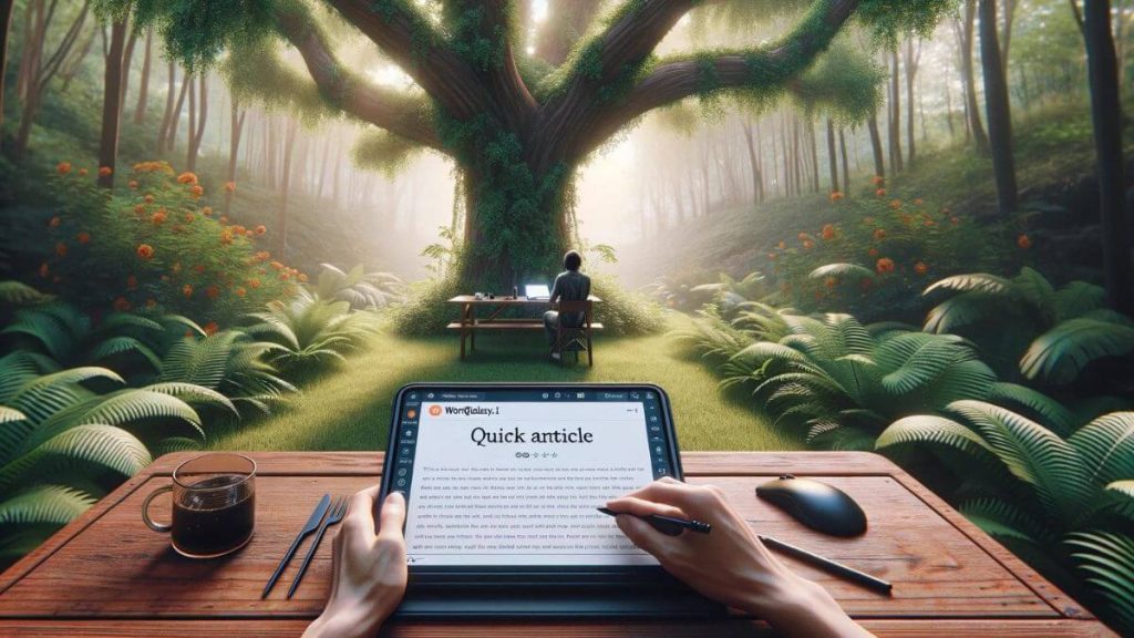 A tranquil outdoor writing retreat, with a portable device displaying the WordGalaxy.ai Quick Article Workflow, set against the backdrop of a lush garden. The writer is seated at a wooden table under the shade of a large tree, surrounded by nature, drawing inspiration from the serene environment. The device screen is visible, showing the simple and intuitive interface of WordGalaxy.ai, blending the art of writing with the tranquility of the outdoors. This setting highlights the flexibility of modern writing tools, allowing for creativity to flourish in any environment, supported by AI technology that adapts to the writer's lifestyle and preferences.