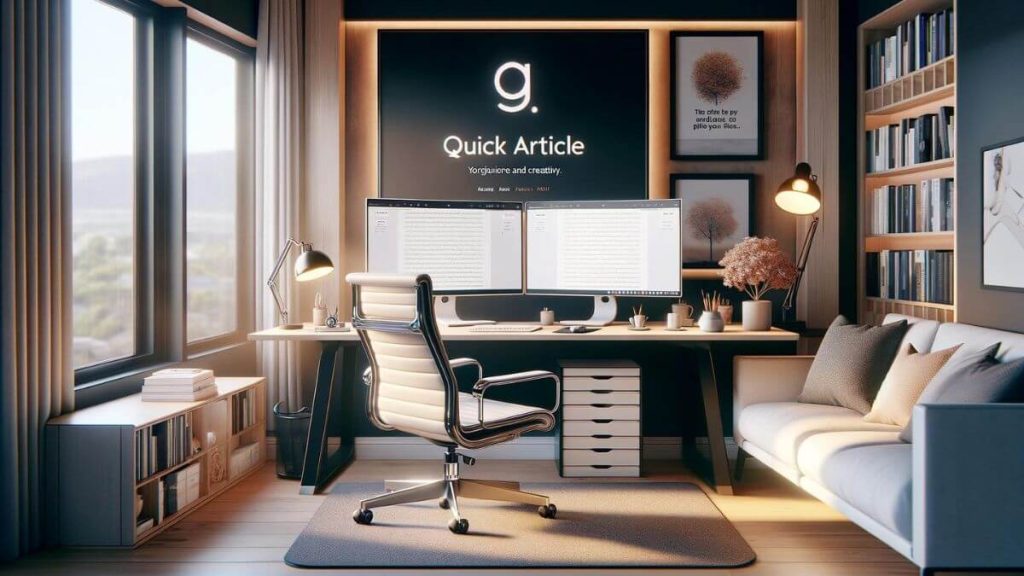 An elegant home office designed for productivity and creativity, with a dual monitor setup where one screen is dedicated to the WordGalaxy.ai Quick Article Workflow. The workspace is tastefully decorated with minimalist furniture, a comfortable ergonomic chair, and motivational artwork. The monitors display a clean and organized desktop, with the WordGalaxy.ai interface prominently featured, showcasing the ease of navigating through its article creation process. The room is illuminated by natural light from large windows, complemented by a stylish desk lamp, creating an ideal environment for writers who appreciate the blend of technology and aesthetics in their creative process.