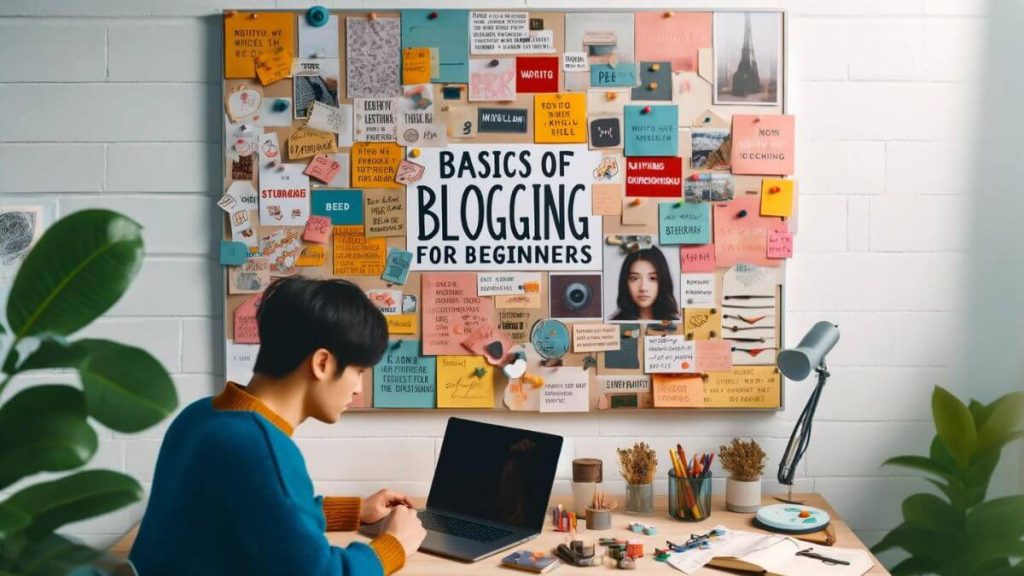 An image showing a creative workspace with a large, vibrant mood board labeled 'Basics of Blogging for Beginners'. The board is filled with colorful notes, photos, and inspirational quotes about writing and blogging. A young adult of Asian descent is pinning a new note onto the board. The workspace is bright and organized, with a laptop open to a blogging site, suggesting an active and dynamic approach to learning about blogging.