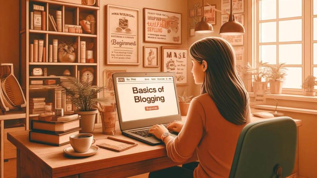 An image depicting a young woman sitting in a cozy home office, typing on a laptop with a cup of coffee beside her. The room is filled with books, a potted plant, and motivational posters on the walls. The screen shows a blog editor interface with the title 'Basics of Blogging for Beginners'. The atmosphere is warm and inviting, emphasizing a beginner-friendly environment for blogging.