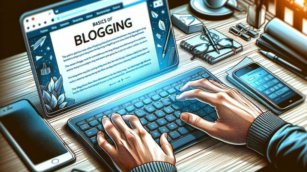 A detailed illustration showing a close-up of hands typing on a keyboard with a bright screen displaying a blogging platform. The screen shows the beginning of an article titled 'Basics of Blogging for Beginners'. The background includes a blurred view of a well-organized desk with a notebook, pen, and a smartphone. The focus is on the action of writing a blog, emphasizing the technical aspects of blogging for beginners.