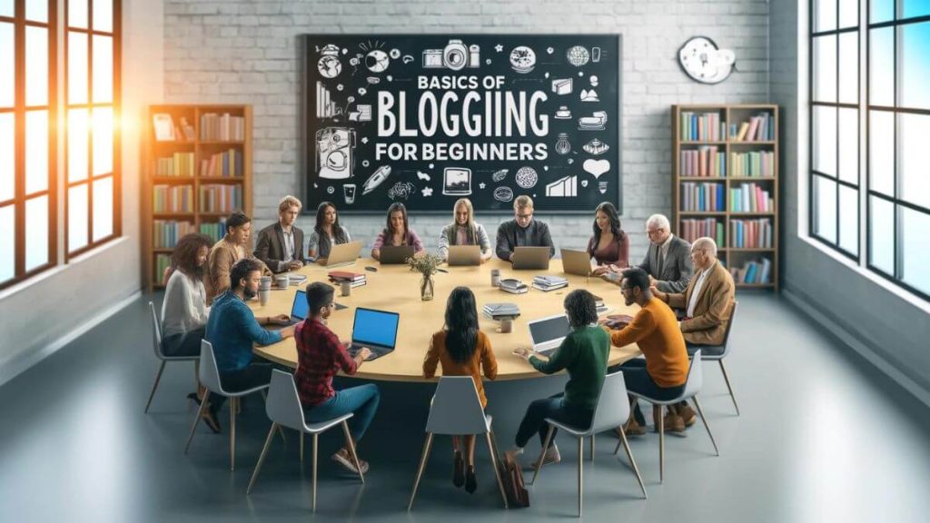 A conceptual image illustrating a diverse group of people of various ethnicities sitting around a large table, each with a laptop. They are participating in a blogging workshop. The room is modern with a whiteboard displaying 'Basics of Blogging for Beginners'. There are books and notes scattered on the table, suggesting a learning environment. The focus is on sharing ideas and learning the fundamentals of blogging.