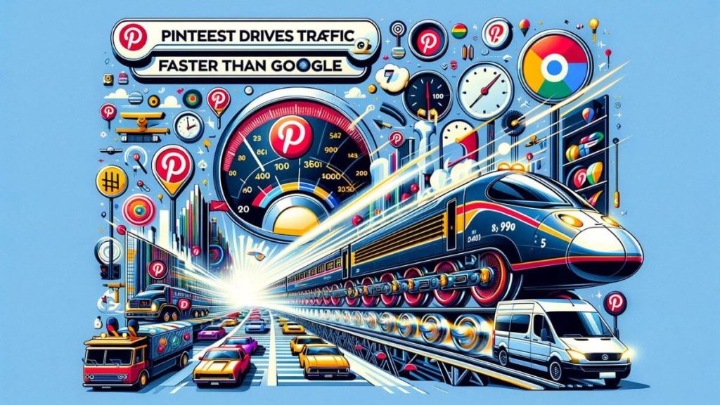 Illustrate a dynamic infographic comparing the speed of traffic generation between Pinterest and Google. The infographic should visually depict Pinterest as a sleek, high-speed train zooming past traditional vehicles representing Google's traffic generation methods. The train is adorned with various Pinterest icons and vibrant imagery, highlighting the platform's diverse and engaging content. The scene should convey the message 'Pinterest Drives Traffic Faster Than Google' through creative visual metaphors, such as speedometers, racing tracks, and finish lines, emphasizing Pinterest's efficiency and speed in attracting online audiences. The design should be clean, modern, and easily understandable, making the comparison clear and compelling.