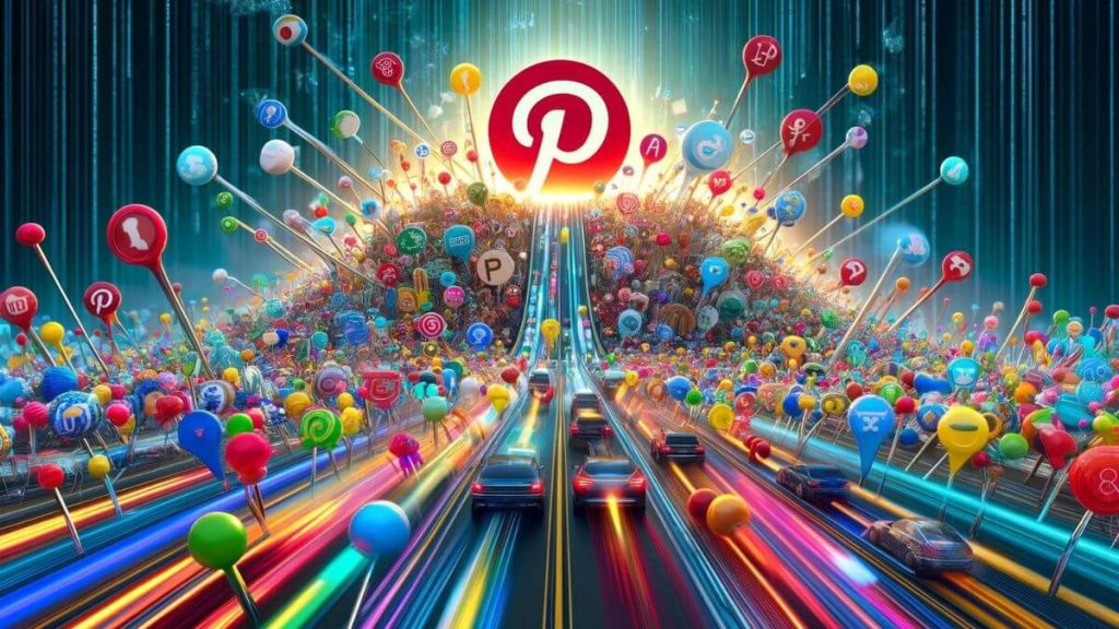 Visualize an energetic scene where a multitude of vibrant, colorful pins, each representing different interests and ideas, are speeding along a highway faster than traditional search engine icons, symbolizing the concept that 'Pinterest Drives Traffic Faster Than Google'. The highway is bustling with activity, illustrating the dynamic and diverse content found on Pinterest, and the pins are overtaking the search engine icons, demonstrating Pinterest's superior speed in driving online traffic. The background should depict a digital landscape, emphasizing the online nature of this competition. Include the keyword 'Pinterest Drives Traffic Faster Than Google' prominently in the image, ensuring it is easily readable against the lively backdrop.