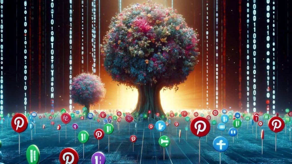 Imagine a scenario where a giant digital tree, representing Pinterest, grows rapidly in a virtual landscape, with branches extending far and wide, symbolizing the platform's expansive reach in driving traffic. Each branch is adorned with colorful leaves and pins, indicating the diverse content available on Pinterest. In contrast, a smaller tree symbolizing Google stands nearby, with a slower growth rate, representing its comparative effectiveness in traffic generation. The scene is set in a digital world, with binary code and data streams flowing through the ground, nourishing the trees. The imagery should convey the message 'Pinterest Drives Traffic Faster Than Google' through the visual metaphor of the trees' growth and vitality.