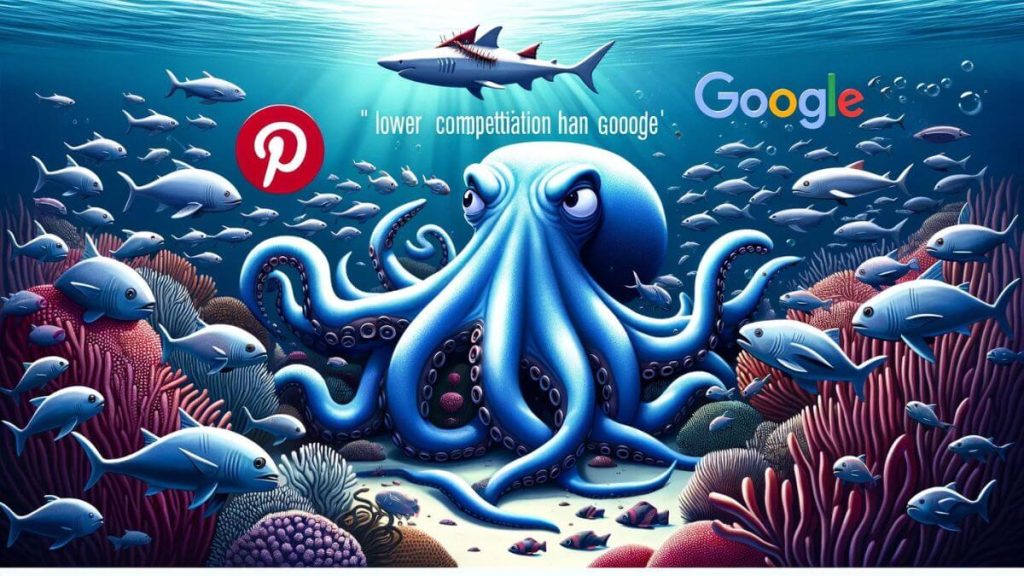 Illustrate an undersea scene where various sea creatures represent different social media and search platforms. The Pinterest octopus is comfortably navigating the open waters with ease, using its tentacles to gently secure positions among the coral reefs, symbolizing the platform's ability to rank content with less competition. In contrast, the Google shark is shown in a frenzied state, surrounded by numerous other sharks in a competitive hunt, reflecting the intense competition on the platform. This undersea allegory captures the essence of 'Pinterest Has Lower Competition Than Google', highlighting the more serene and less contested environment of Pinterest for content ranking, in contrast to the highly competitive nature of Google.