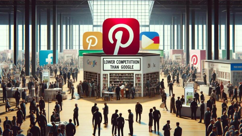 Depict a scene at a book fair where stands represent different digital platforms. The Pinterest stand is open and inviting, with plenty of space around it, making it easy for attendees to approach and explore the visually appealing content displayed. The atmosphere is relaxed and conducive to discovery. In contrast, the Google stand is cramped and overcrowded, with attendees jostling for space, reflecting the intense competition for visibility. This imagery reinforces 'Pinterest Has Lower Competition Than Google', highlighting the more approachable and less saturated environment of Pinterest for content engagement.