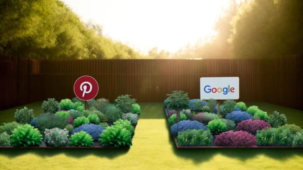 Depict a serene garden scene where content ideas are represented as plants growing in different sections. The Pinterest section of the garden is lush and vibrant, with diverse plants thriving and easily reaching sunlight, symbolizing the ease of content ranking and visibility. This area is less crowded, allowing each plant enough space to grow. In contrast, the Google section is overcrowded, with too many plants competing for limited sunlight and nutrients, representing the high competition and difficulty in ranking. This image metaphorically conveys the message that 'Pinterest Has Lower Competition Than Google', emphasizing the more favorable conditions for content growth and visibility on Pinterest compared to the congested and competitive environment on Google.