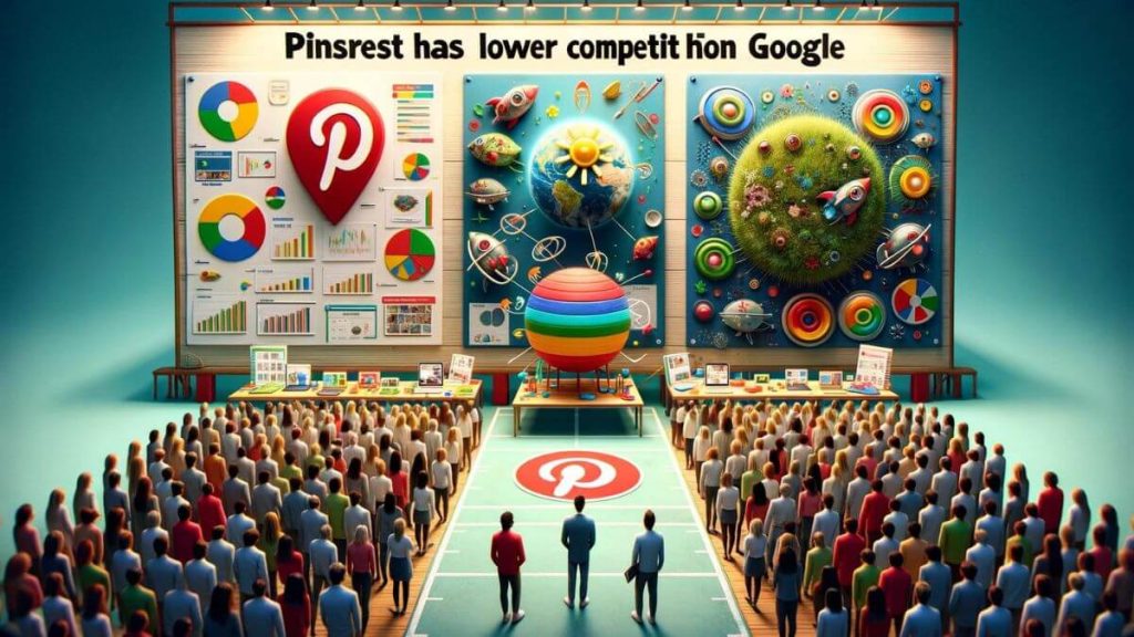 Visualize a science fair where projects represent different content platforms. The Pinterest project is an innovative, visually appealing display with plenty of room around it, inviting curious onlookers to explore with ease, symbolizing the lower competition on Pinterest. It features interactive elements and colorful visuals that draw attention. Meanwhile, the Google project is surrounded by a dense crowd, with similar projects jostling for space and attention, illustrating the high competition and difficulty in standing out. This scenario highlights 'Pinterest Has Lower Competition Than Google', emphasizing the contrast in the ease of attracting attention and ranking between the two platforms.