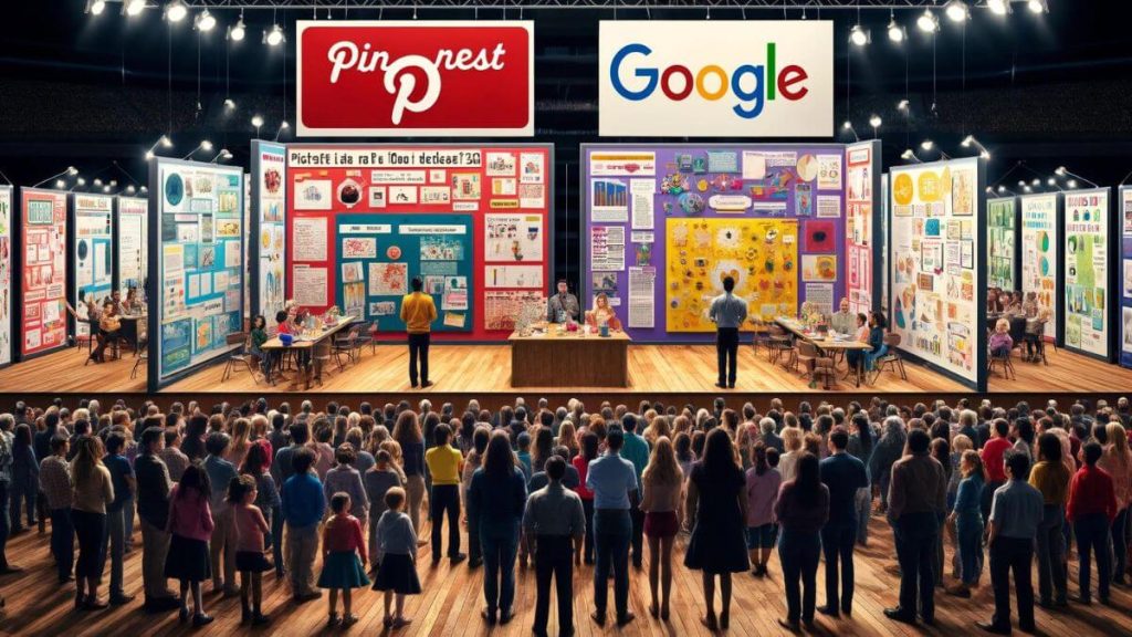 Create an image showing a group of children and adults at a science fair, where projects are inspired by Pinterest and Google. The Pinterest projects are vibrant, with clear, visually appealing displays that easily explain the concepts, attracting a large, engaged audience. On the other hand, the Google-inspired projects involve complex charts, graphs, and text-heavy presentations, with the audience looking confused and less engaged. This contrast showcases the idea that 'Pinterest is Easier to Understand Than Google', emphasizing Pinterest's ability to convey information in a more accessible, visual, and engaging manner, making it more appealing to a wide range of ages and backgrounds.