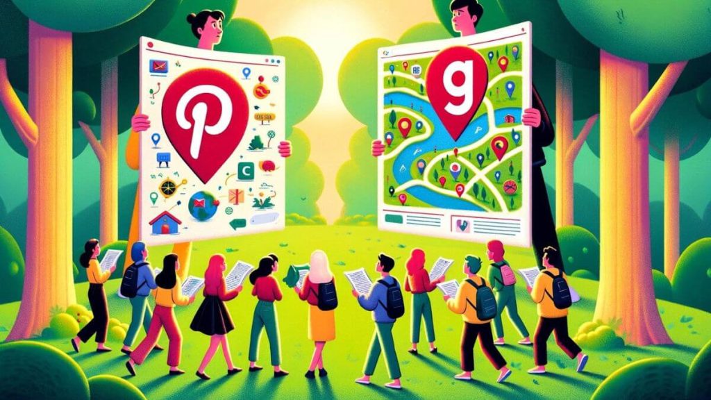 Illustrate a friendly competition in a park, where two groups of people are engaging in a 'digital treasure hunt'. One group uses Pinterest, depicted by them holding brightly colored maps with clear symbols and landmarks, finding treasures with ease and joy. The other group, using Google, is shown with complex, text-heavy documents, looking confused and lost. This contrast highlights the theme 'Pinterest is Easier to Understand Than Google', showcasing Pinterest's visual and intuitive approach to information, making it more accessible and enjoyable for users to navigate and find what they're looking for, compared to the text-centric and sometimes overwhelming nature of Google search results.