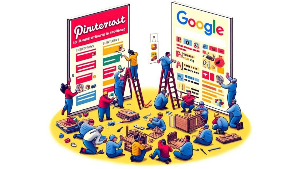 Depict a comparison between two groups of people assembling furniture: one group is using Pinterest, shown with colorful, step-by-step visual guides that make the process look enjoyable and straightforward. The other group is relying on Google, depicted with complex text-based instructions, resulting in confusion and frustration. This scene highlights the theme 'Pinterest is Easier to Understand Than Google', emphasizing the clarity and simplicity of visual instructions on Pinterest, which contrasts with the often overwhelming and less intuitive text-based information found through traditional search engines.