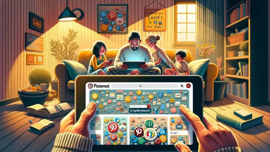 Create an image of a cozy reading nook in a home, where a family is gathered around a tablet using Pinterest. The screen displays a simple, colorful layout with easy-to-understand categories and pins. The family looks relaxed and happy, clearly enjoying their time together. In contrast, another family is shown looking over a laptop with a Google search page open, appearing overwhelmed by the amount of text and links, and having difficulty deciding where to click next. This visual represents the idea that 'Pinterest is Easier to Understand Than Google', highlighting the user-friendly and engaging nature of Pinterest that makes it more accessible and enjoyable for casual browsing and idea gathering.