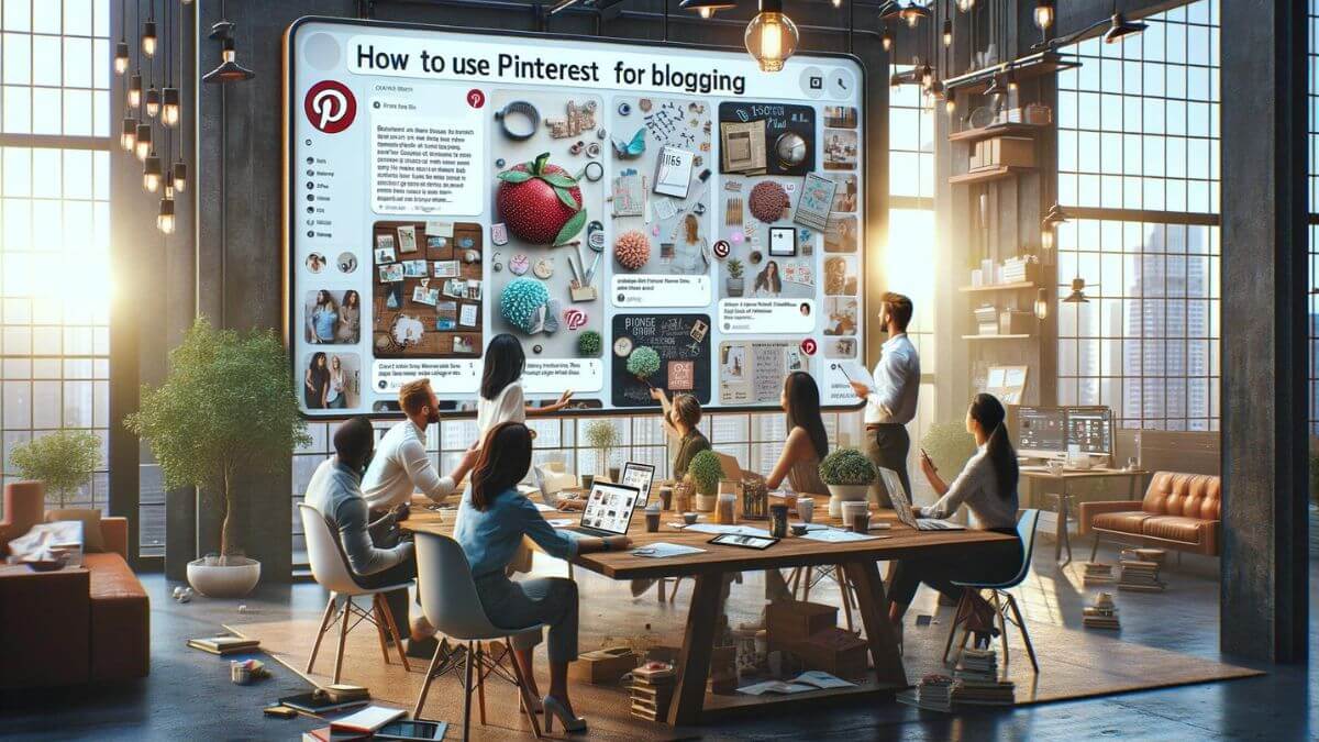 A photorealistic image capturing a moment of collaboration between bloggers using Pinterest on a large shared screen in a modern office space. The scene should show a group of bloggers discussing and sharing ideas for Pinterest boards related to their blogs, with visible enthusiasm and engagement. The screen should display a collaborative Pinterest board with diverse blog post pins. The environment should be lively and creative, with elements like brainstorming notes, digital tablets, and coffee cups, emphasizing the communal aspect of 'How to Use Pinterest for Blogging' in a professional setting.