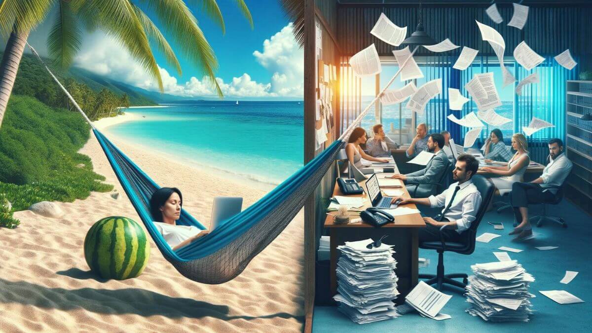An image depicting a split scene for a vivid comparison. On one side, a person is lounging in a hammock with a laptop, set against a backdrop of a peaceful beach, symbolizing the relaxed and fulfilling lifestyle of working remotely. They appear content and at ease, immersed in their work with the serene sounds of the ocean nearby. On the opposite side, the same person is shown sitting in a noisy, crowded office space, looking frazzled and uncomfortable, surrounded by stacks of documents and a ringing phone, representing the stress and monotony of a traditional 9-to-5 job. The image highlights the stark contrast between the freedom of escaping the 9-to-5 grind and the constraints of office life.