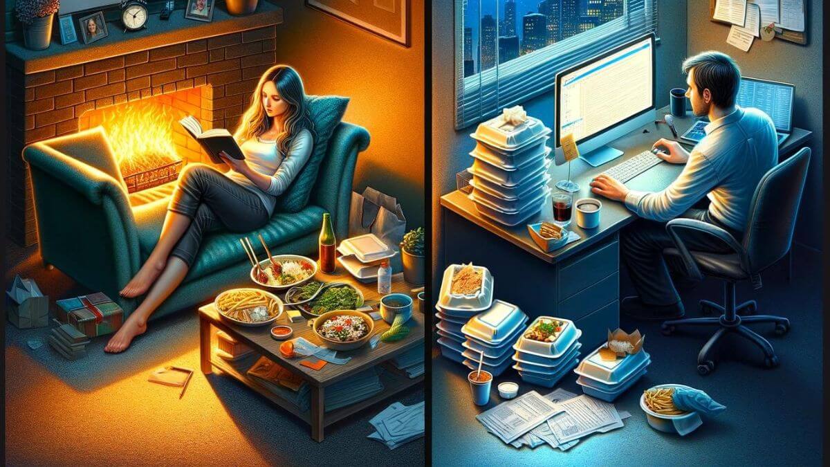 A photorealistic visual comparison of end-of-day routines. On the left, a blogger is depicted unwinding by a cozy fireplace, reading a novel in a comfortable, quiet living room, epitomizing the relaxed lifestyle and low stress of blogging. On the right, an office worker is shown working late at night, surrounded by takeout food containers and paperwork, under the harsh light of a desk lamp, signifying the ongoing stress and lack of personal time in regular jobs. This image starkly contrasts 'comparing stress levels: blogging vs regular jobs'.