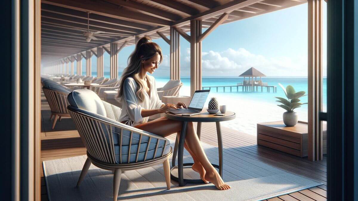 A photorealistic image featuring a woman blogger sitting in a luxurious beachside cabana, typing away on her laptop with the ocean's expansive view in the background. She appears serene and joyful, embodying the freedom and satisfaction that blogging offers, far from the conventional 9-to-5 work environment. The setting is sumptuous, with elegant outdoor furniture, soft white sands, and clear blue skies, symbolizing the luxurious and freeing lifestyle that comes with successful blogging. This scene highlights the contrast between the dynamic and autonomous world of blogging versus the restrictions of traditional jobs.