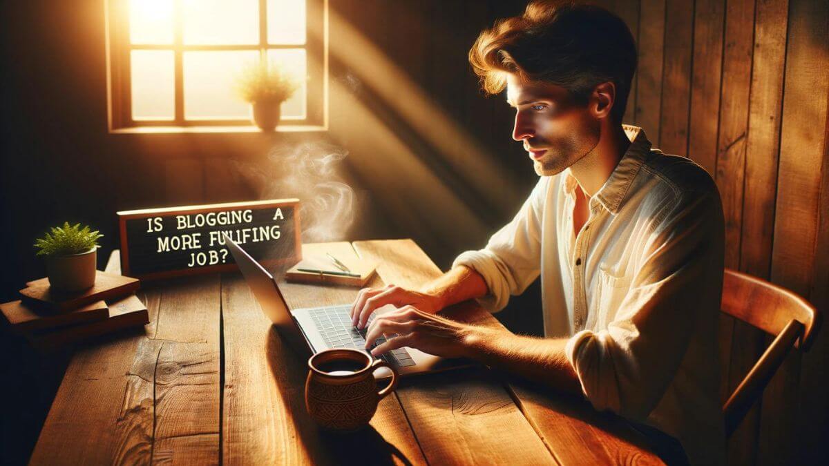 A serene and content blogger is seated at a rustic wooden desk, immersed in typing a new post on a sleek, modern laptop. The golden hour sunlight streams through a nearby window, casting a warm, inviting glow over the scene. On the desk, beside the laptop, sits a steaming cup of coffee in an artisanal mug, symbolizing the comfort and ritual of the blogging process. The blogger's posture and facial expression exude a sense of deep fulfillment and satisfaction, reflecting the emotional and financial rewards that blogging has brought into their life. The scene encapsulates the essence of 'Is Blogging a More Fulfilling Job', showcasing the personal and professional gratification that comes from sharing one's thoughts and experiences with the world. The writing on the side expresses blogging being more fulfilling than 9-5.