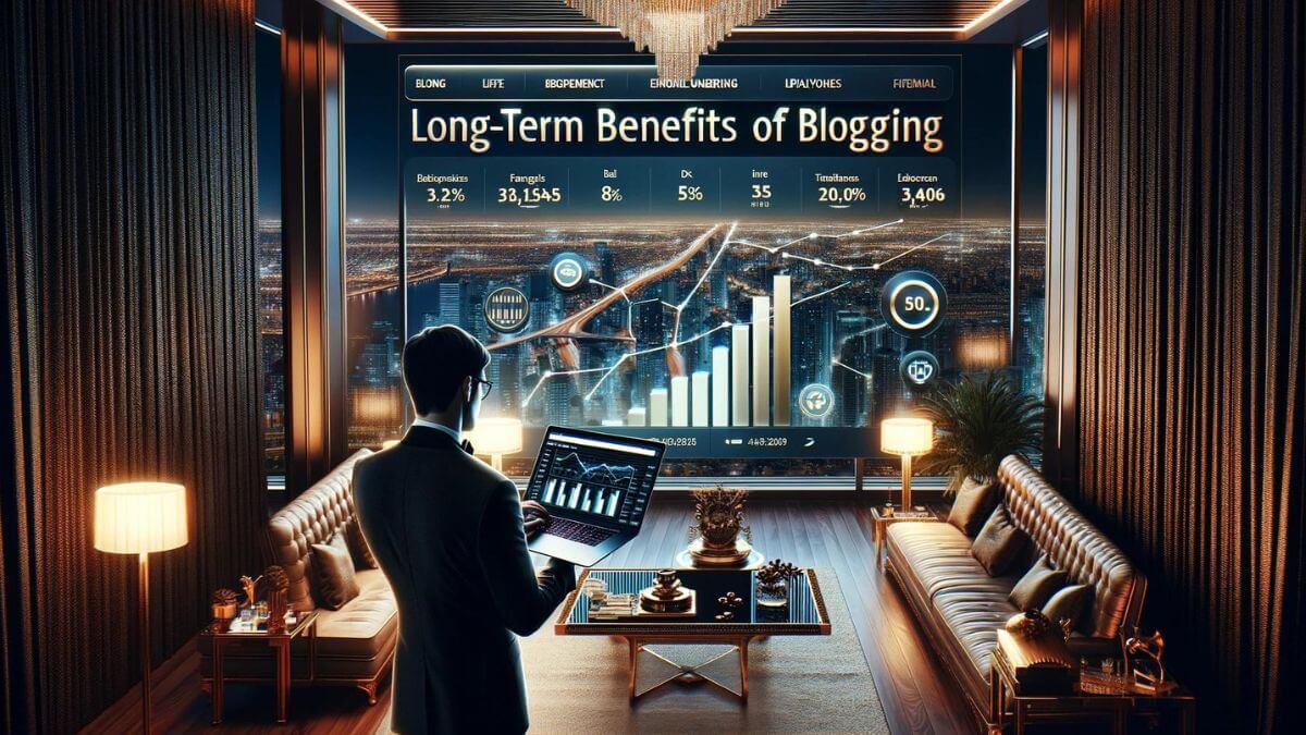 A luxurious scene of a successful blogger reviewing analytics on a high-end laptop, surrounded by opulence in a modern, high-rise apartment with a cityscape view. This image highlights the financial independence and lifestyle upgrade that successful blogging can achieve, contrasting with the limited earning potential of many regular employments. The keyword 'Long-Term Benefits of Blogging' is elegantly displayed on the screen as part of the analytics dashboard.