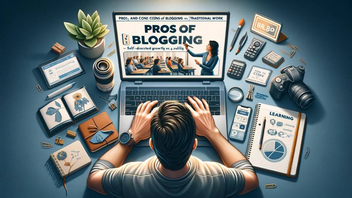 A photorealistic image of a blogger learning new skills online, showcasing the continuous growth and self-improvement aspect of blogging. The scene includes a blogger watching an educational webinar on a laptop, surrounded by notebooks and digital resources, illustrating the proactive approach to learning in the blogging world. This highlights the pro of blogging: the opportunity for ongoing education and skill enhancement. The keyword 'Pros and Cons of Blogging vs Traditional Work' should be integrated to emphasize the self-directed learning and development in blogging, contrasting with the more structured training programs of traditional jobs. The style should be consistent, focusing on the personal development opportunities within blogging.
