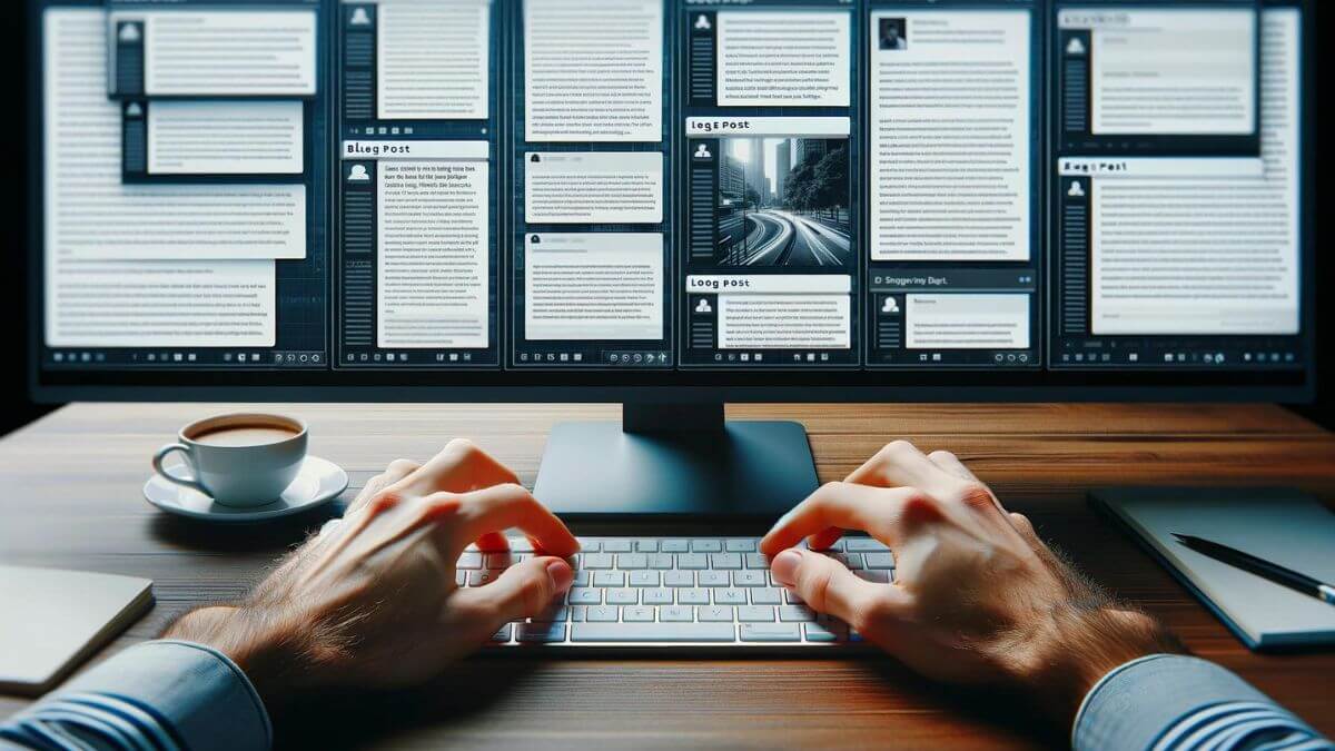 A close-up image of a man's hands typing on a sleek, modern keyboard, with multiple blog post drafts open on a widescreen monitor in front of him. Each draft is for a different blog, covering topics from technology and science to personal development and productivity. The focus on the hands and the keyboard emphasizes the act of content creation, while the variety of open drafts showcases the man's versatility and dedication to managing multiple blogs. The environment is clean and organized, reflecting a professional approach to blogging.