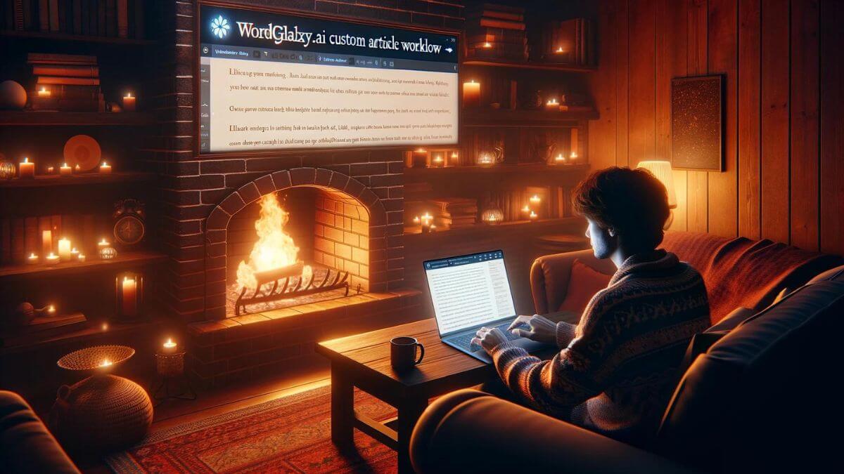 An intimate evening writing session by the fireplace, where a writer is using a laptop to navigate the WordGalaxy.ai Custom Article Workflow. The cozy setting is enhanced by the warm glow of the fire, comfortable furnishings, and a cup of tea on the side table, creating a perfect ambiance for creative writing. The laptop screen illuminates the writer's focused expression, showcasing the intuitive and user-friendly interface of WordGalaxy.ai Custom Article Workflow, which aids in the seamless creation of articles. This image captures the essence of combining traditional cozy writing environments with the innovative technology of AI-powered writing tools.