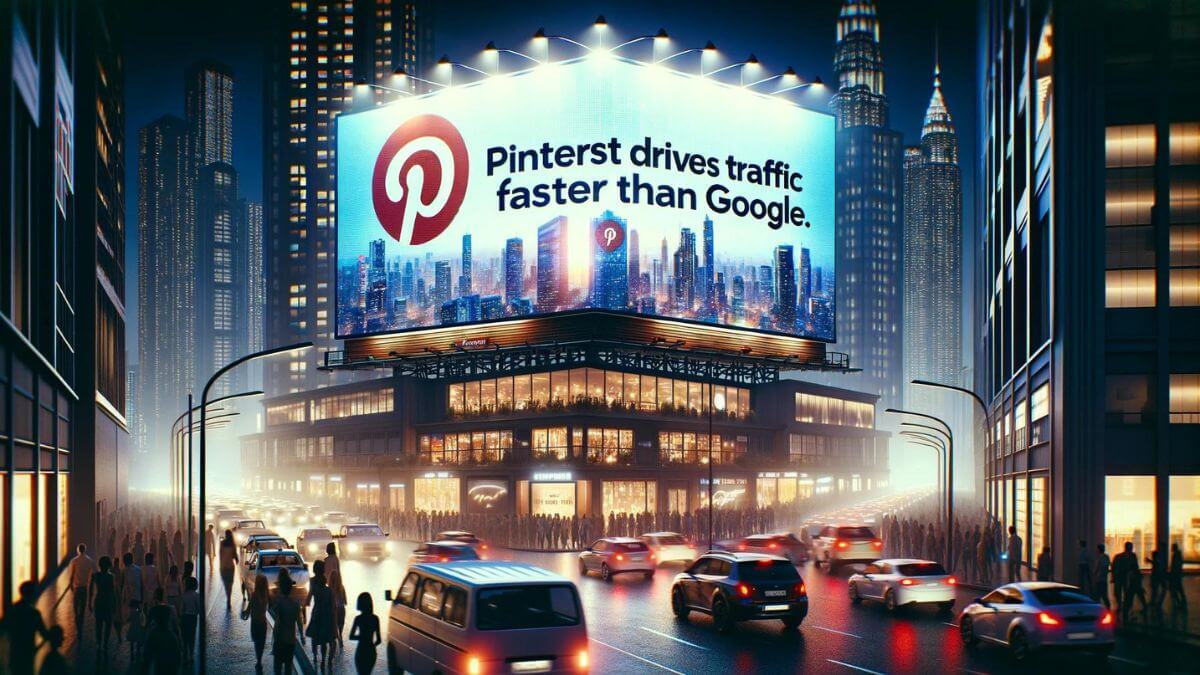 Illustrate a scene with a giant digital billboard in a bustling city at night, showcasing an advertisement for Pinterest with the headline 'Pinterest Drives Traffic Faster Than Google'. The billboard lights up the surrounding area, drawing attention from people and cars passing by. The scene captures the essence of how Pinterest stands out in the digital world, analogous to a prominent billboard in a city. The cityscape should be modern and vibrant, with skyscrapers and busy streets, emphasizing the constant flow of information and ideas, similar to the traffic Pinterest generates online. Include the keyword 'Pinterest Drives Traffic Faster Than Google' in a bold and eye-catching manner on the billboard.