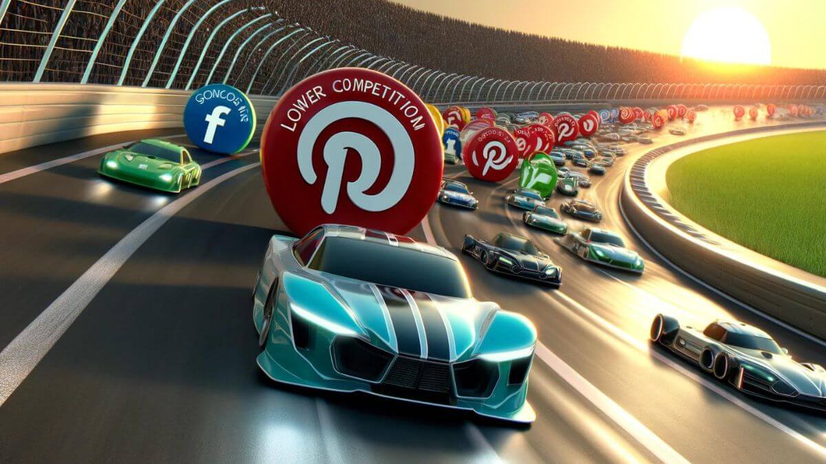 Visualize a racetrack where the lanes represent different digital marketing platforms. In the Pinterest lane, a sleek race car speeds ahead with ease, symbolizing how quickly and effortlessly content can gain traction and rank on Pinterest. The car is adorned with vibrant visuals and keywords that are clearly visible and attractive. In contrast, the Google lane is crowded with numerous cars jostling for position, depicting the intense competition and slower progress in ranking for keywords. This scene illustrates the concept that 'Pinterest Has Lower Competition Than Google', emphasizing the ease of ranking for keywords on Pinterest due to the platform's less crowded and more visual nature, leading to faster traffic generation.